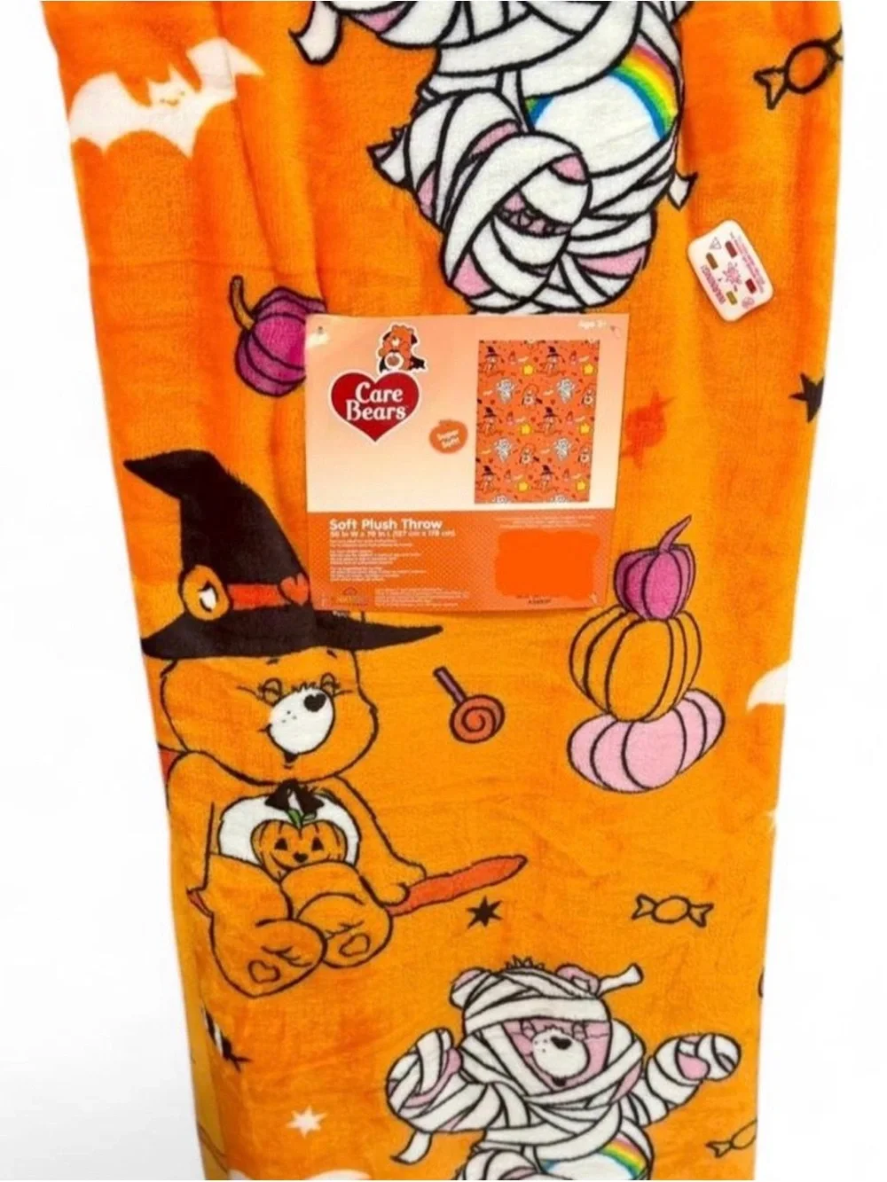 Care Bears Orange Halloween Plush Throw Blanket - Witch & Mummy Design